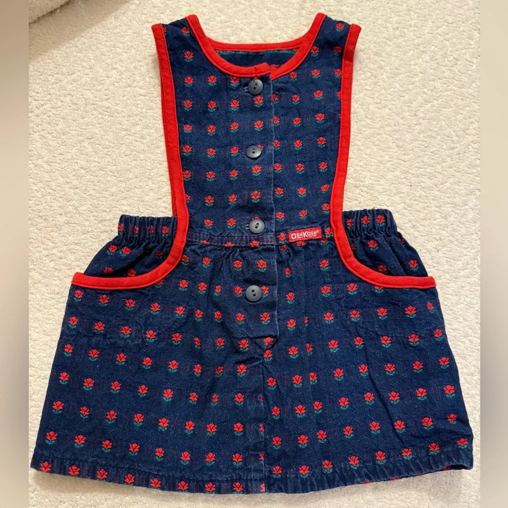 Vintage OshKosh‎ B'gosh Baby Dress 24 Months Made in USA | Navy Blue Red Floral